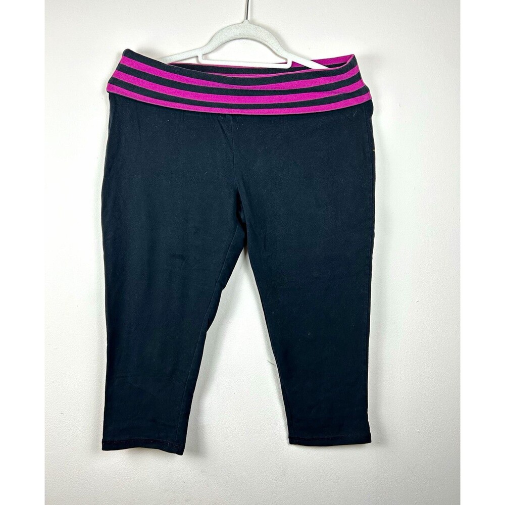 Y2K Foldover Waist Yoga M Black Pants Pink Striped Capri Crop Active Leggings